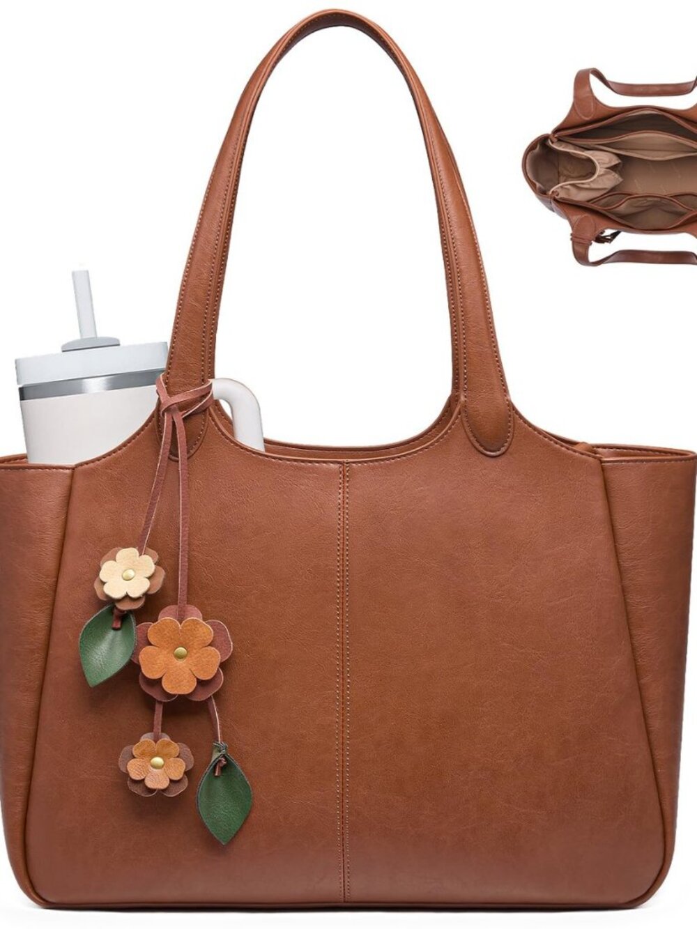 Leather Tote Bag for Women, Work Shoulder Bag with 40oz Cup Holder